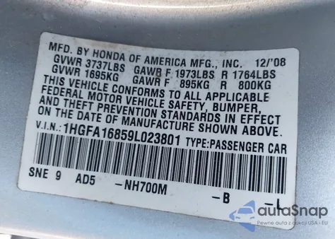 2009 Honda Civic Ex z USA, uszkodzony, nr VIN 1HGFA16859L023801